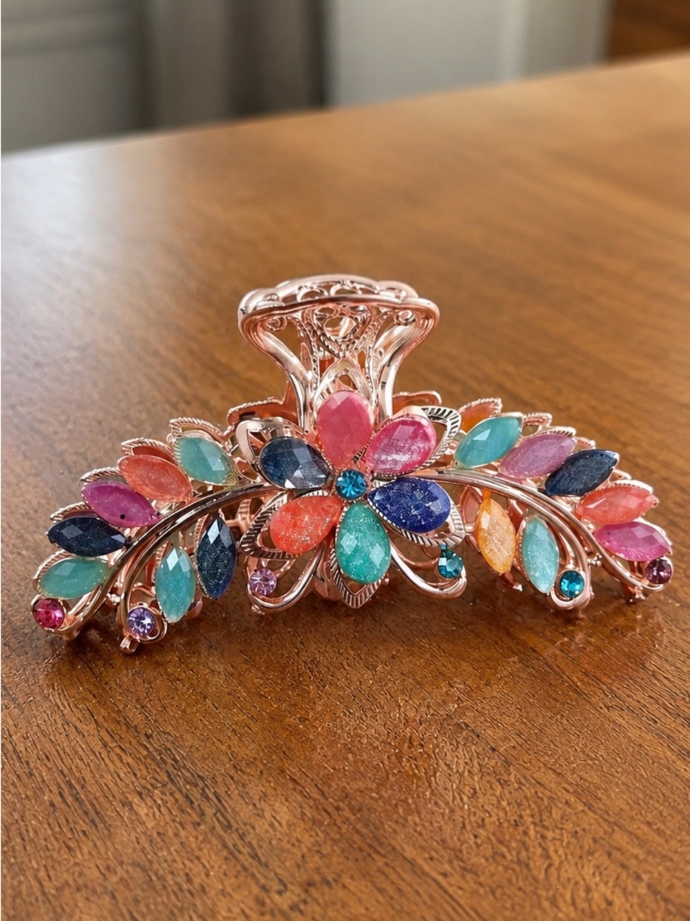 Multicolor Crystal Floral Hair Clip - Rose Gold